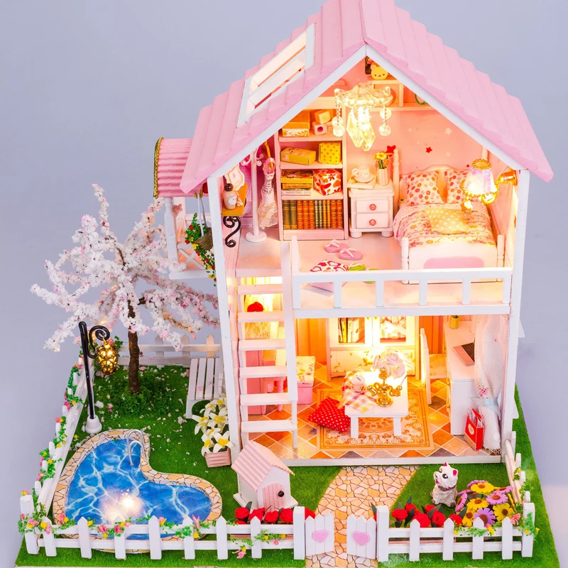 

DIY DollHouse Miniature With Furnitures Wooden Doll House Villa Creative Toys Children Under The Cherry Tree 13835 #E
