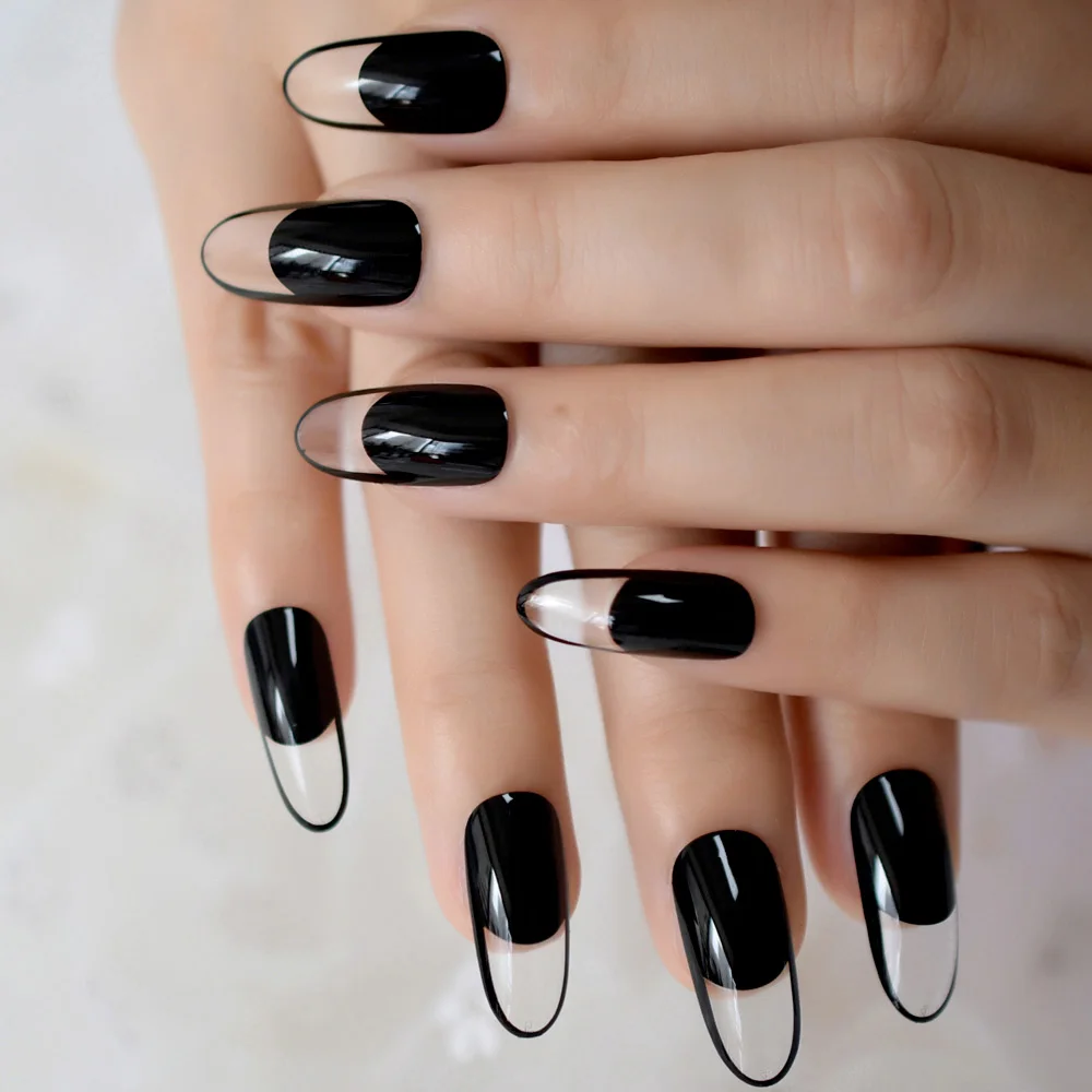 Длинные дизайнерские французские ногти Черные Уникальные гладкие накладные ногти черная окантовка овальная головка искусственные ногти 24 шт - Цвет: L5184
