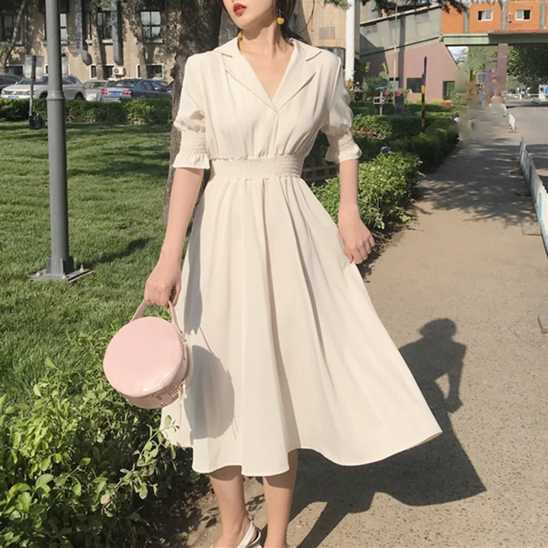 

2019summer women's new Korean dress high waist elastic pleated temperament chiffon short-sleeved Stylish simplicity dress m89