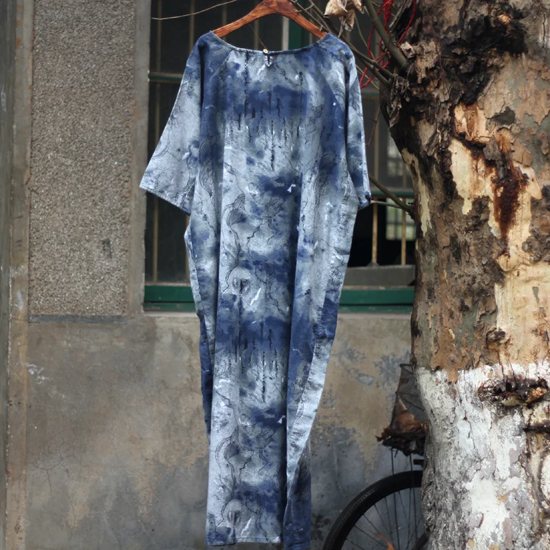 Johnature винтажное платье из хлопка и льна с коротким рукавом размера плюс, новинка, весеннее женское платье синего и белого цветов