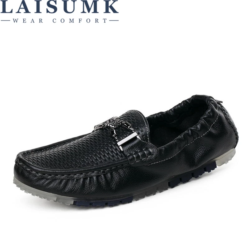 

LAISUMK Summer Men Foldable Loafers Shoes Genuine Leather Slip on Hollow Out Soft Flats Male Casual Driving Moccasins Plus Size