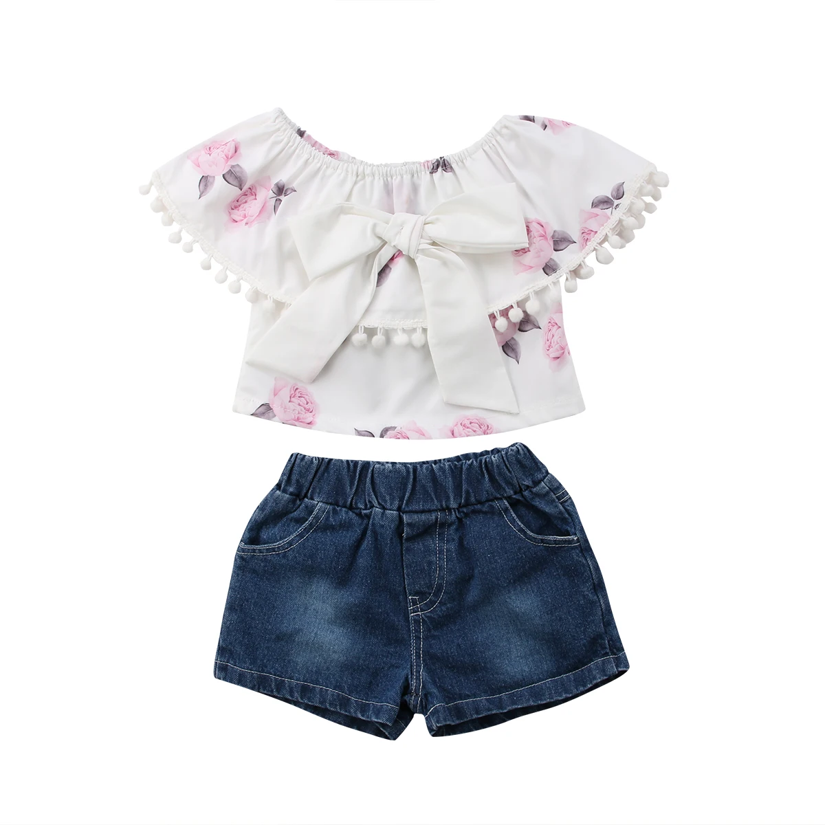

Toddler Kid Baby Girl Clothes Casual Short Floral T-Shirt Top+Belted Denim Short Pants Outfit Summer Sunflower Robe Fille