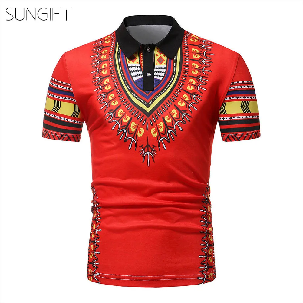 SUNGIFT African Men's Top Dashiki Polo Neck Print Short Sleeve Men Shirt Clothes 2019 Summer Faddish T-Shirt | Тематическая