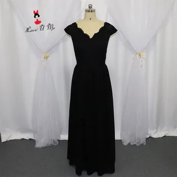 

Modest Cheap Black Lace Bridesmaid Dresses Long Cap Sleeve V Neck Back Wedding Party Dress Chiffon Vestido de Festa de Casamento