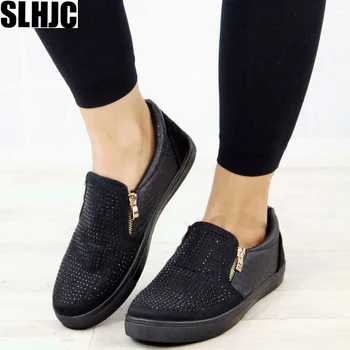 

SLHJC 2019 Spring Autumn Loafers Round Toe Slip On Cozy Crystal Sneakers Plus Size Women Casual Flat Heel Daily Farm Work Shoes