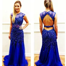Elegantes Königsblau Open Back Nixe-abschlussball 2016 Lange Perlen Kristall Abendkleid Gala vestidos de baile