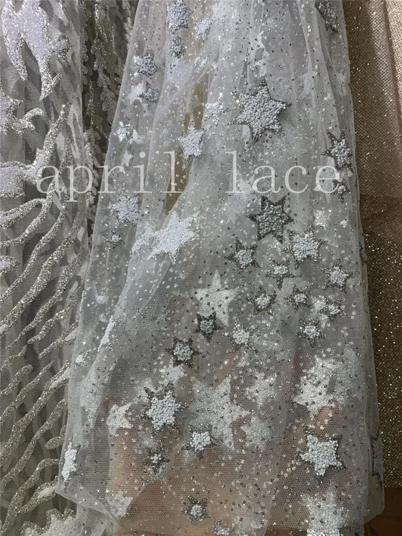 

5 yards HLL07 shining silver star sparkle glitter glued hand print african india mesh fabric for bridal wedding dress