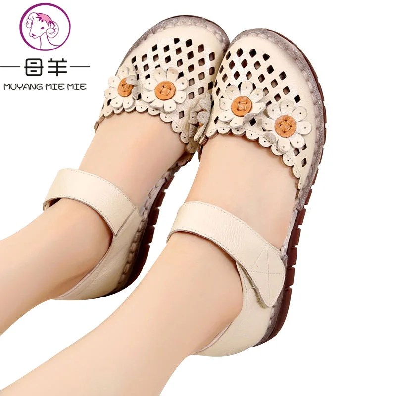 

MUYANG Women Sandals 2019 Summer Shoes Woman Genuine Leather Flat Sandals Casual Comfortable Flower Sandals Plus Size 35 - 41