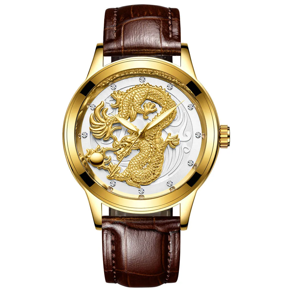 FNGEEN New watch male quartz watch dragon pattern luminous gold color quartz ultra-thin steel belt 