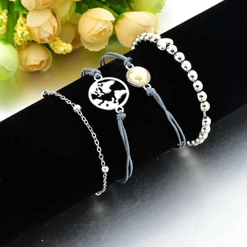 

ATTRACTTO 4 PCS/SET World Map Bracelets For Women Tassel stainless steel Bracelet Charm Bohemian Jewelry Cuff Bracelet SBR190162