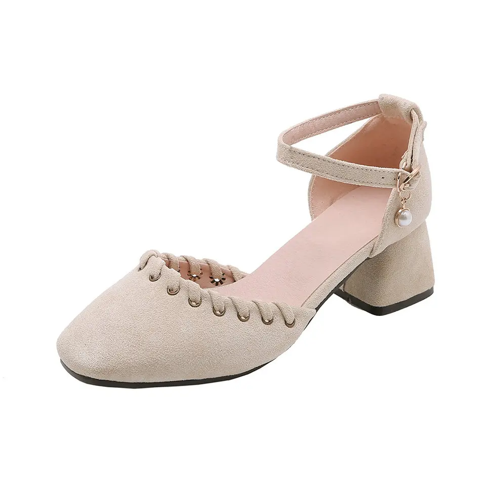 TASSLYNN Elegant Wedding Women Shoes Flock Square Toe Buckle Strap Women Pumps Thick Heels Flock Office Lady Shoes Size 43
