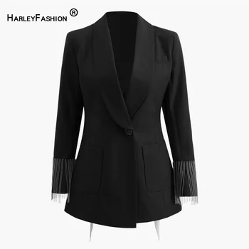 

HarleyFashion Europe and America Tassel Patchwork Sparkly Casual Irregular Black One Button Party Blazer