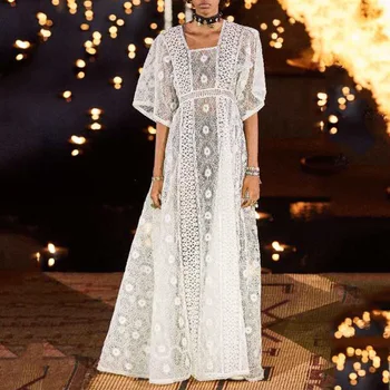 

Runway Designer Summer 2019 Women Long Dress Elegant Square Collar White Hollow Out Maxi Dress Boho Chic Beach Party Vestidos