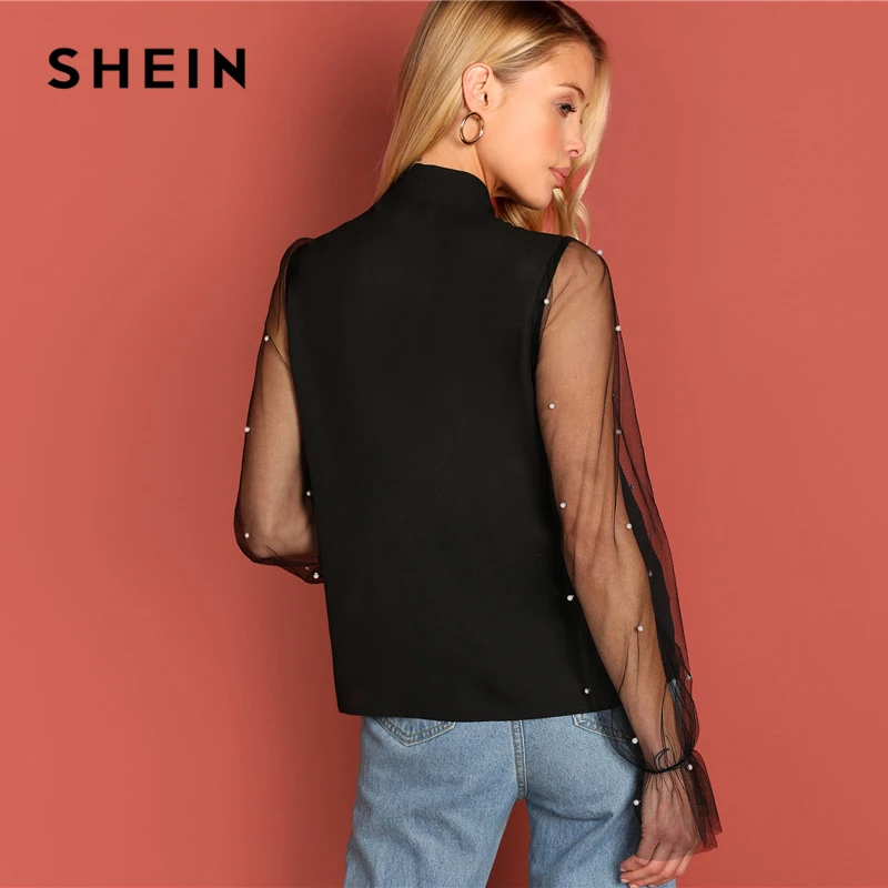 SHEIN Black Tie Neck Pearl Beading Mesh Sleeve Top Elegant Workwear Long Sleeve Plain Blouses Autumn Women Tops And Blouses