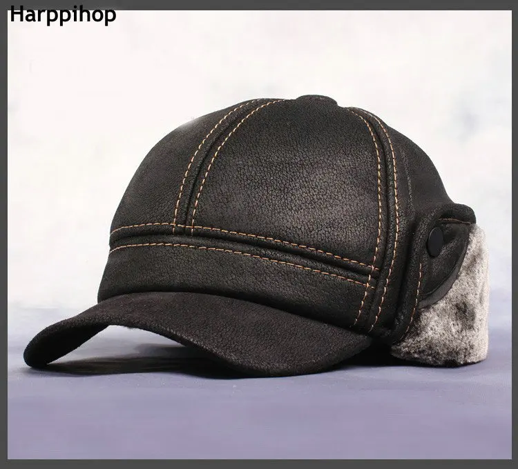 New New Fashion Men's Scrub Genuine Leather baseball Winter Warm baseball Hat / Cap 2colors bomber trapper hat