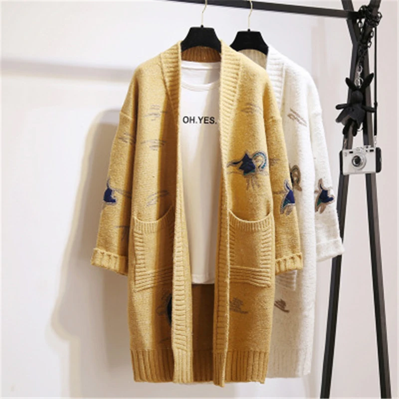 Autumn Women Cardigan Casual Embroidery Long Outerwear Spring Large Size Female Wool Knit Coat Winter Big |