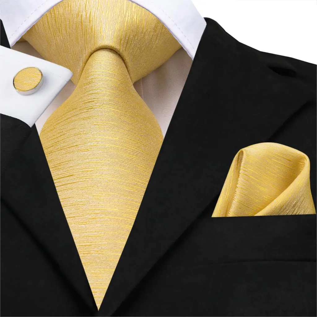 Men Silk Ties Solid Yellow Necktie Gold Neck Tie Handkerchief Cufflinks Set Formal Cravat Gift for Wedding Party Hi-Tie C-3251 - Цвет: C-3251