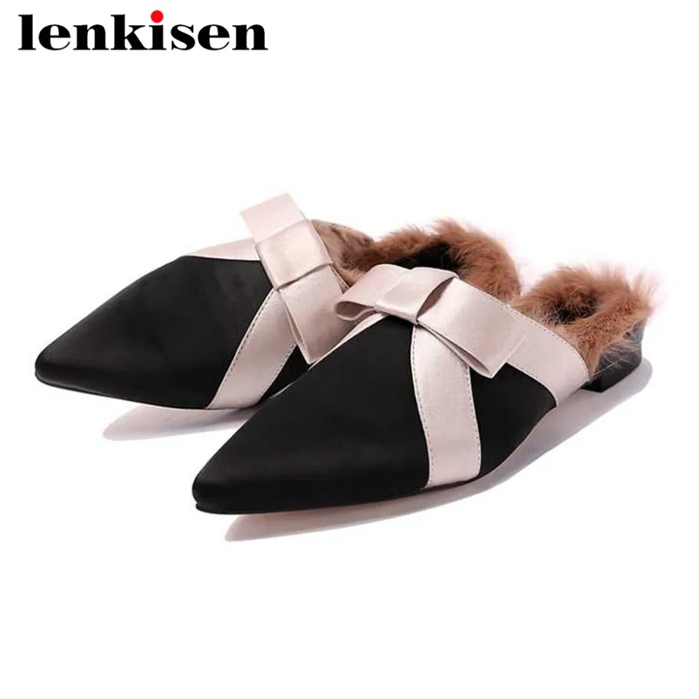 

Lenkisen sweet girls pointed toe slip on mixed colors fairy bow-knot cow leather elegant lady satin mules rabbit fur slipper L70