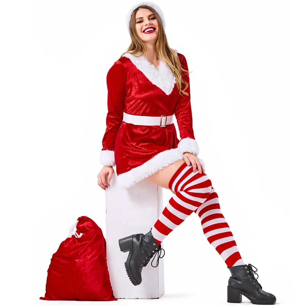 Бархатное красное женское рождественское платье Санта Клауса, костюмы, костюм для косплея, для рождественской вечеринки, косплей размера плюс