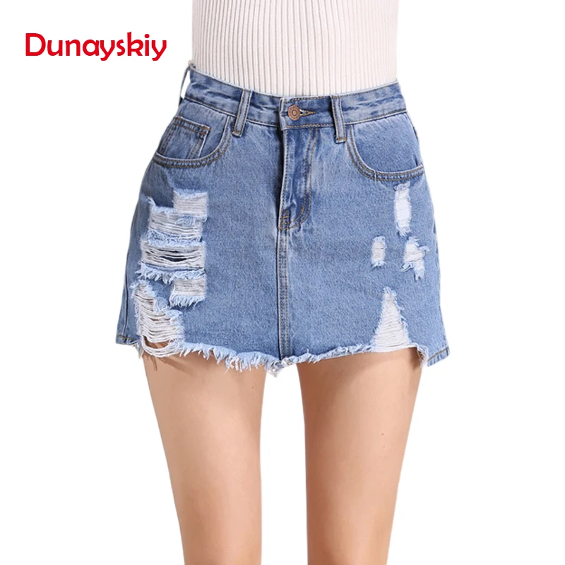 

Dunayskiy 2019 Summer Europe and the United States Fashion Loose Thin Denim Skirt Blue High Waist Mini Skirt With Hole For Women