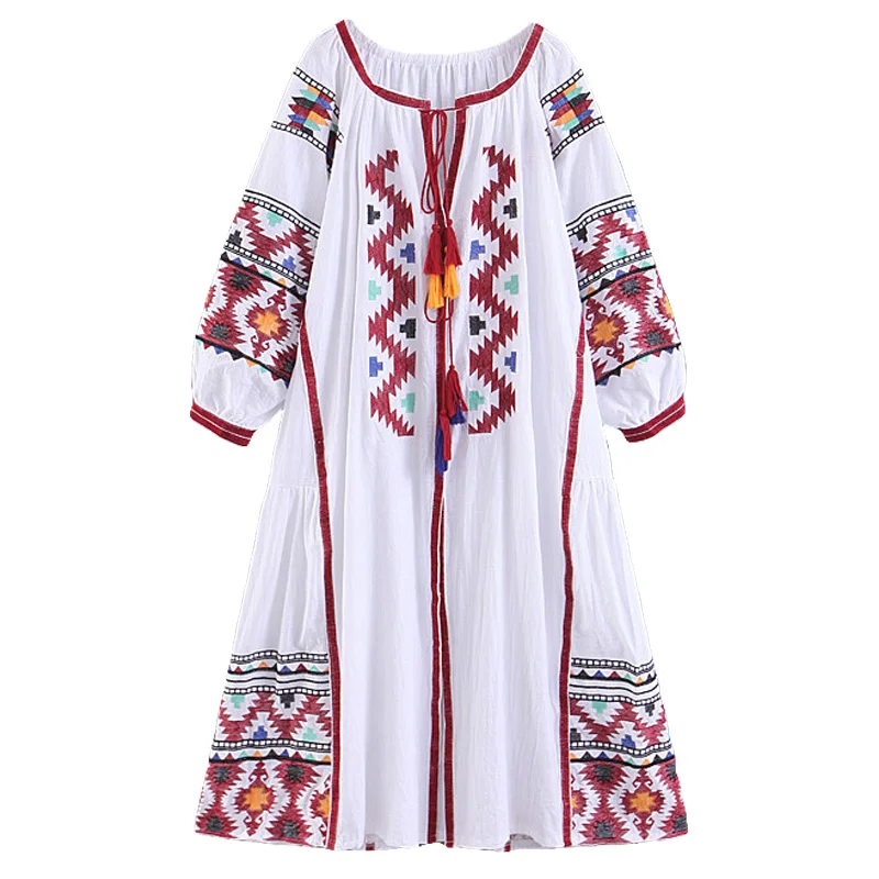 KHALEE YOSE Boho платье с цветочной вышивкой Украина винтажные длинные платья для Женский Галстук-ап кисточкой v-образным вырезом рукав этническое осеннее платье