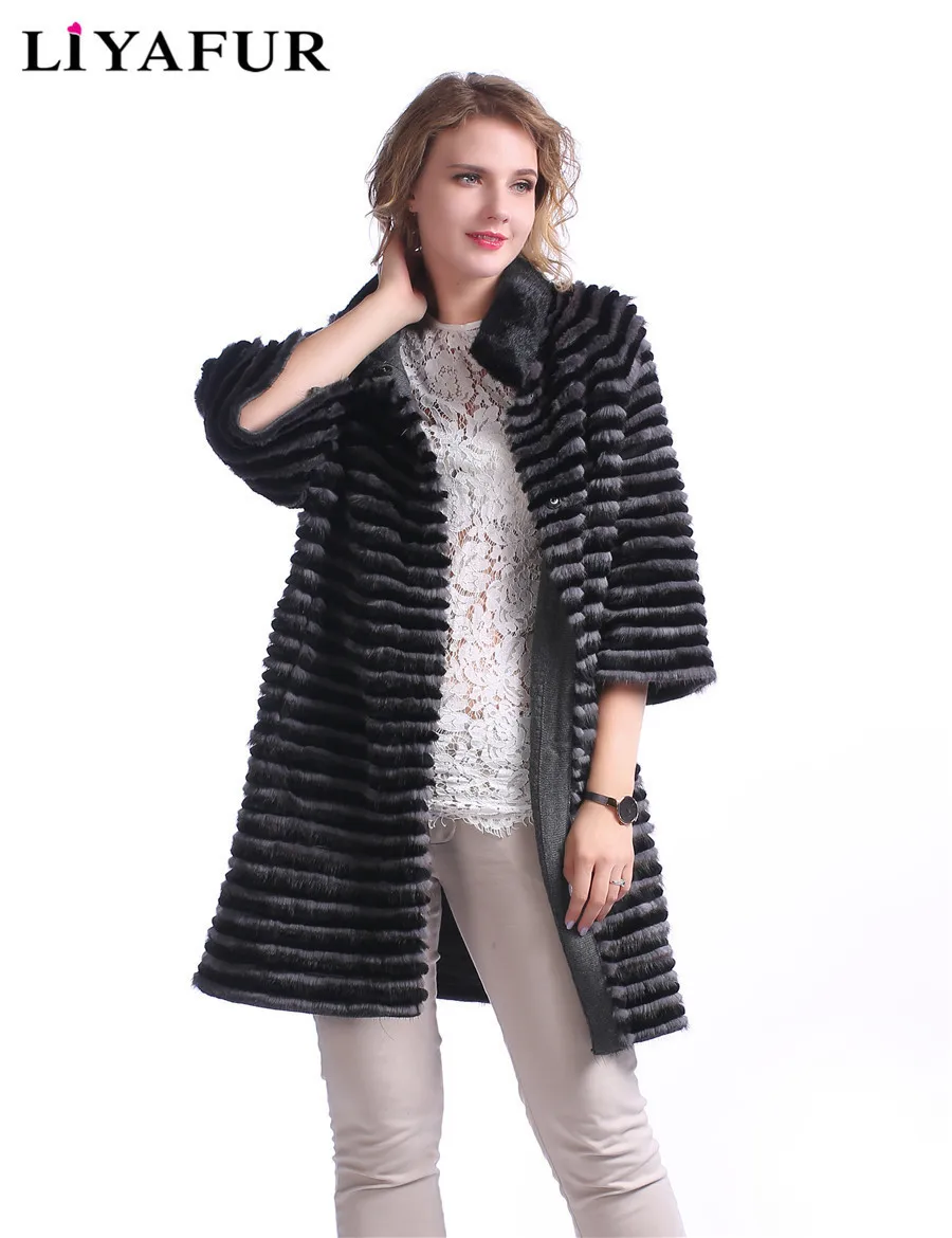 LIYAFUR New Style Real Genuine Mink Fur With Rex Rabbit Fur Stripped Long Coat For Women Natural Fur Cardigan Lining Outerwear