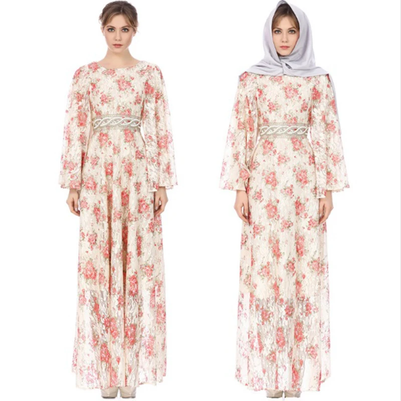 

Elegant Muslim Lace Maxi Abaya Print Flower Full Dress Long Robe Gowns Tunic Kimono Jubah Ramadan Arab Islamic Prayer Clothing