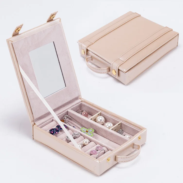 High Quality Beige Leatherette Jewelry Storage Box Case Portable Travel