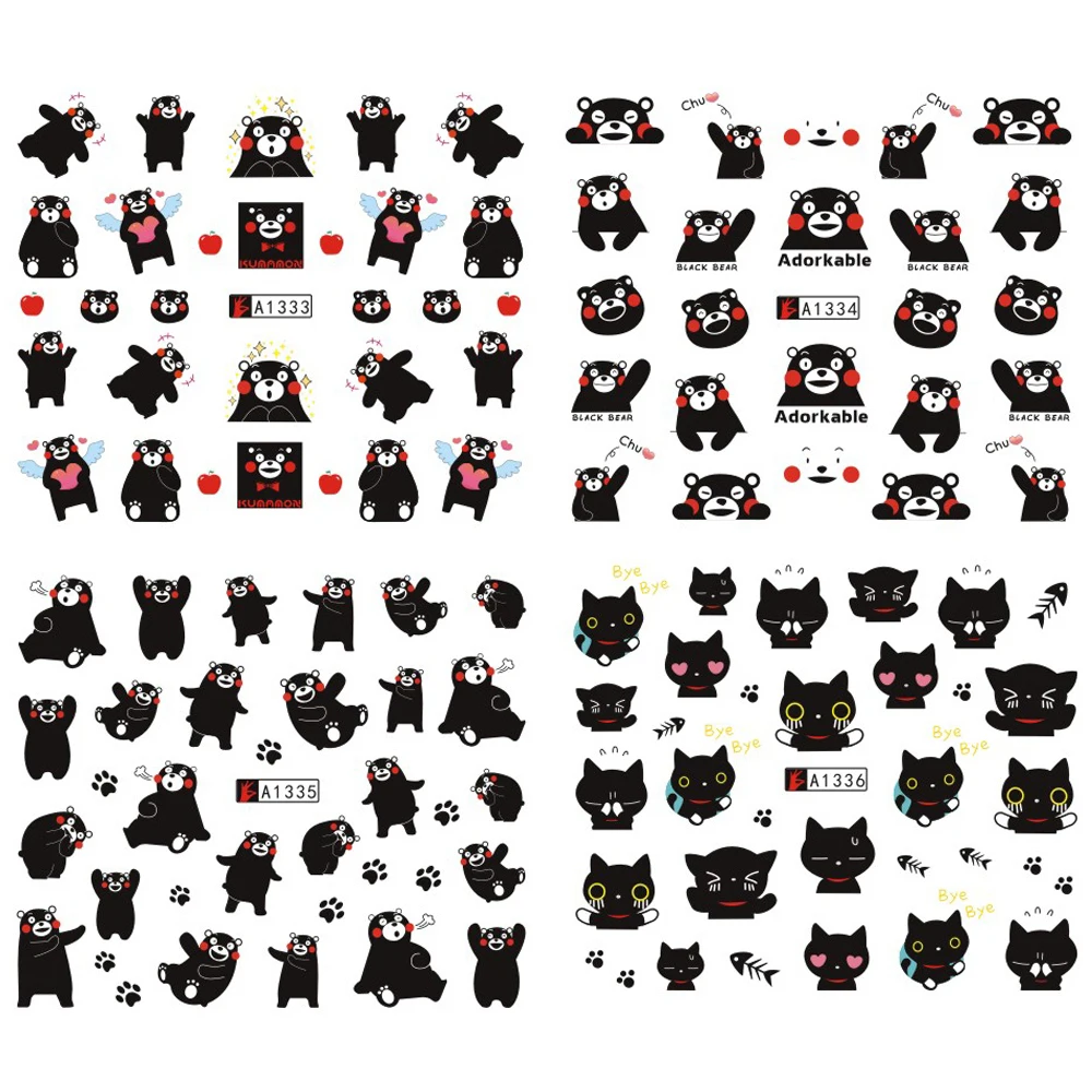 12 видов конструкций наклейки для нейл-арта слайдер для переноса воды набор милые черные Мультяшные Узоры кошка маникюрные советы SAA1333-1344