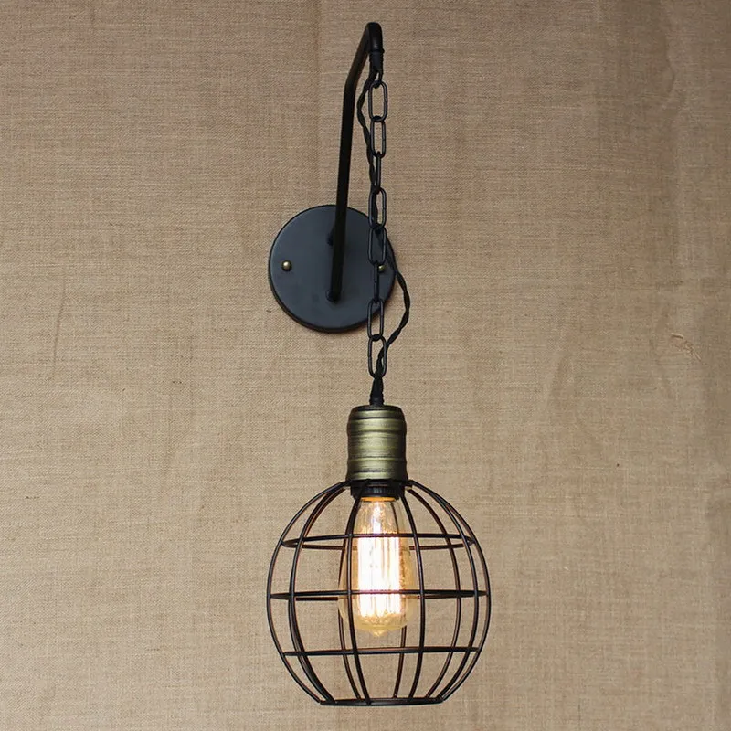 Modern Iron Chain Design Antique Retro Bird Cage Metal Ball Wall Lamps With Long For Workroom Bedside Bedroom Lights|ball wall lamp|designer lampwall