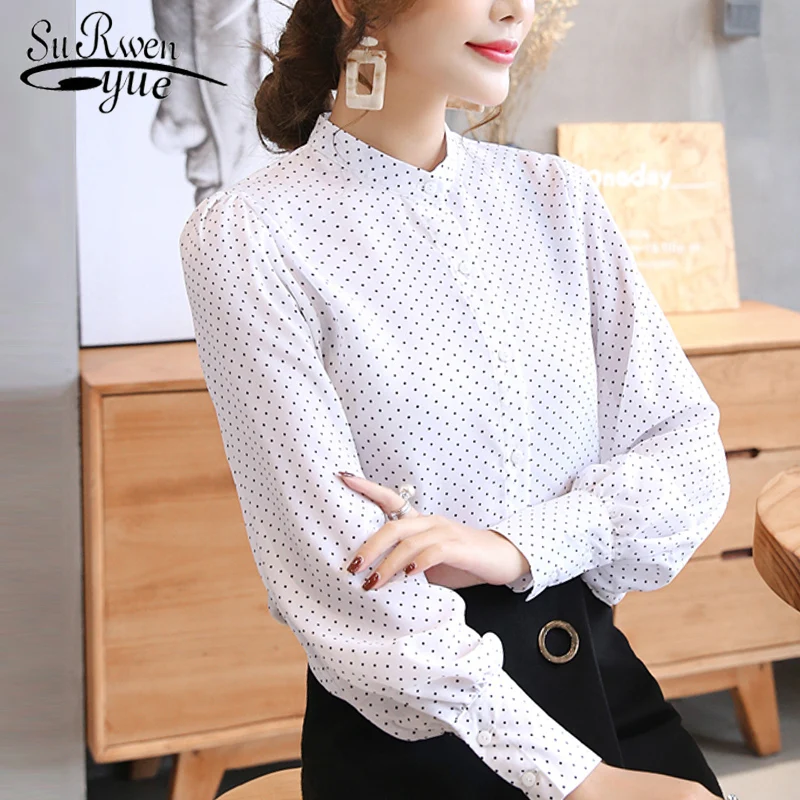 

fashion 2019 chiffon blouse women shirt black polka dot white women's clothing long sleeve office lady shirt tops blusas D469 30