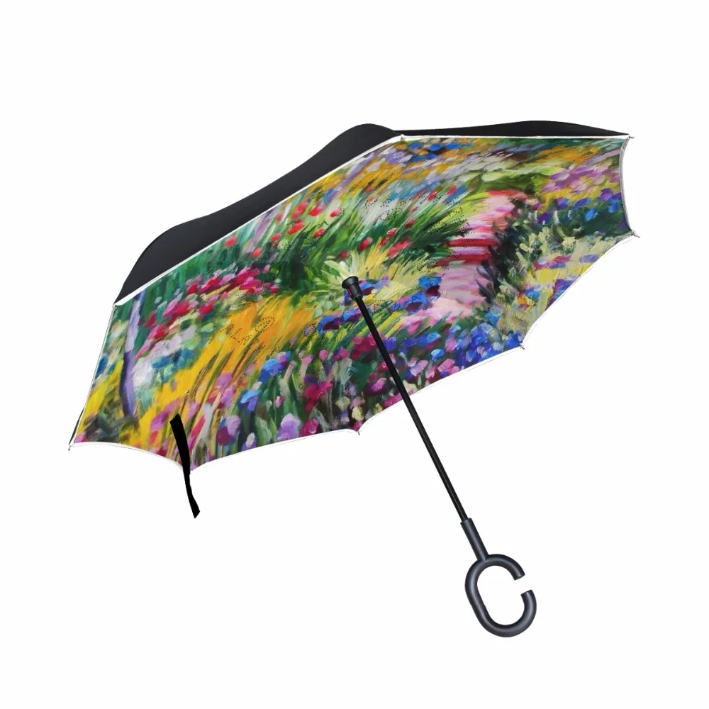 

2017 Creative Oil Painting Big C Handle Men Inverted Umbrella Monet Drawing Reverse Windproof Umbrella for Car