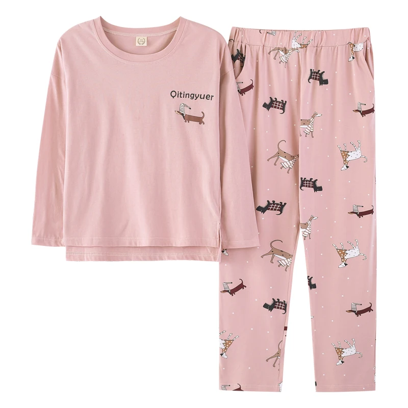 Cartoon Print Dog Pajamas Girls Women Spring 2018 Pajama Set Knitting