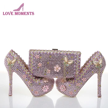 

2018 Pink Crystal Wedding Bride High Heel Shoes Woman Formal Dress Shoes with Matching Bag Customized 4 Inches Prom Party Pumps