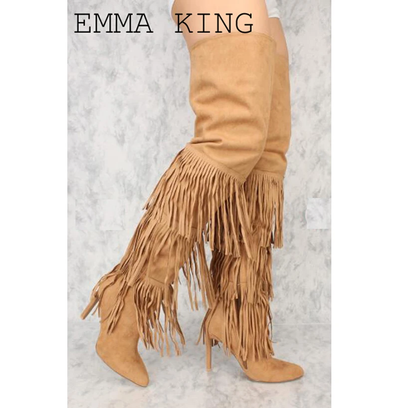 

New Winter Women's Boots yellow fringe street shoot nightclub long pointed high heel stiletto Over The Knee women's shoes