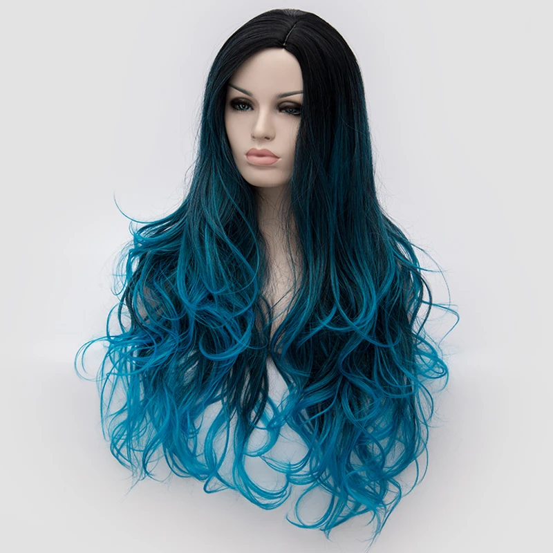 Similler 26 pulgadas pelo de fibra resistente al calor raíz oscura Ombre azul Highlight Body Wave peluca sintética para mujer Cosplay