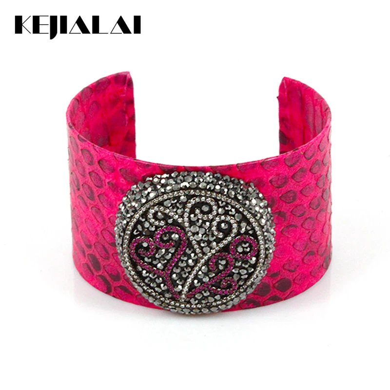 

2017 Fashion Women Jewelry Snake Leather Python Leather Bangle Adjustable Open Cuff Pave with Crystal Rhinestone Flower Bracelet