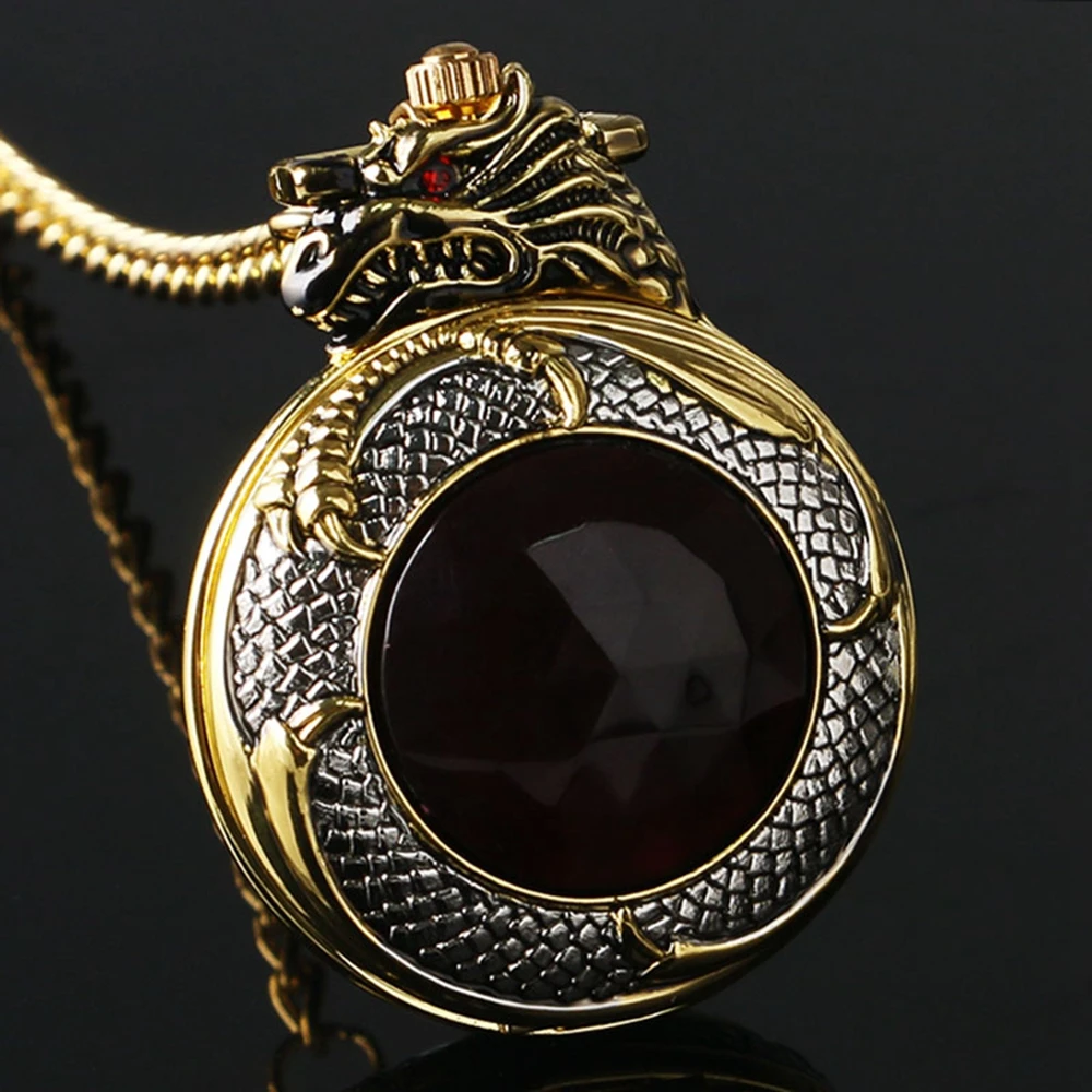 Luxury Evil Dragon Pocket Watch Red Garnet Inset Pendant Quartz Clock Gold Tone Case Black Dial Big Red Crystal New Relogio (9)