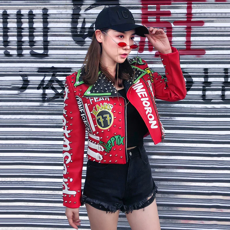 Women's Leather Jacket Punk Style Rivet Graffiti Moto Jacket Leather Coats 2018 Fashion Brand Streetwear Faux Leather Jacket