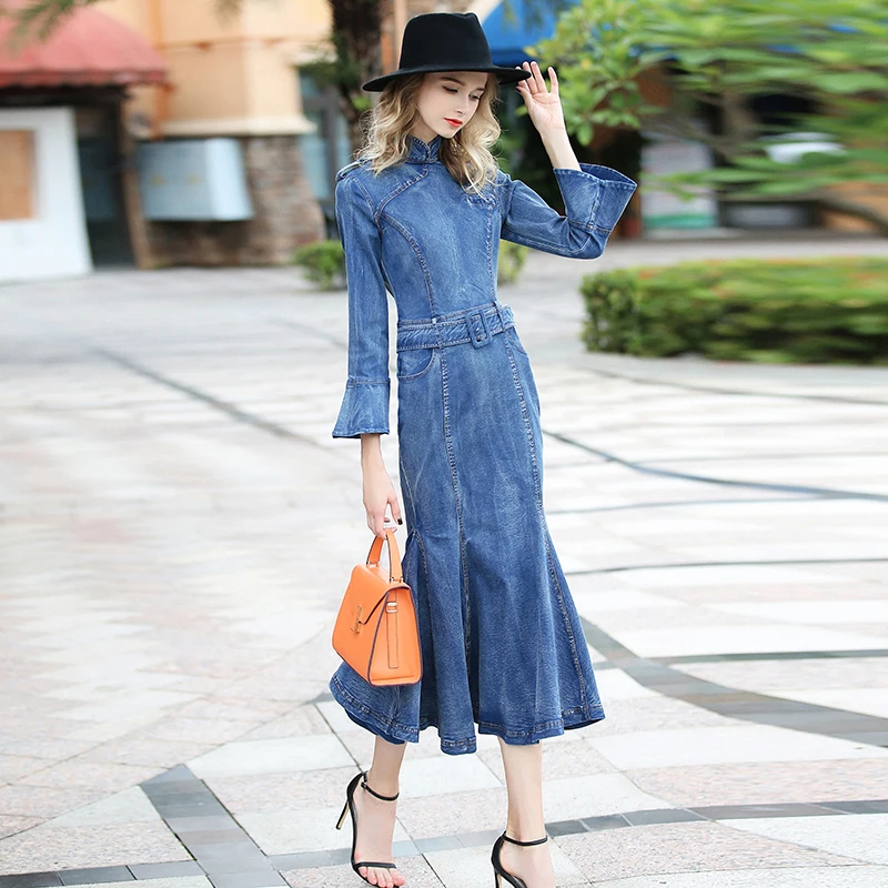 

Free Shipping 2018 Fashion Denim Dresses Women Long Mid-calf Plus Size S-XL Mermaid Style Jeans Wrist Flare Sleeve Spring Dress