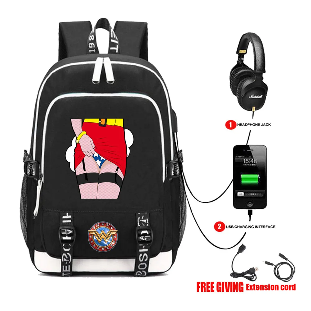 

Movie Wonder Woman backpack Men Teenage travel bag Student Schoolbag multifunction USB charging Headphone jack backpack 11 style