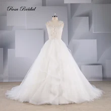 Rosabridal A-line Wedding Dress 2019 Newest O collar sleeveless full beading lace appliques bodice fancy ruffled skirt vintage round collar ruffled stripe flouncing sleeveless women s dress