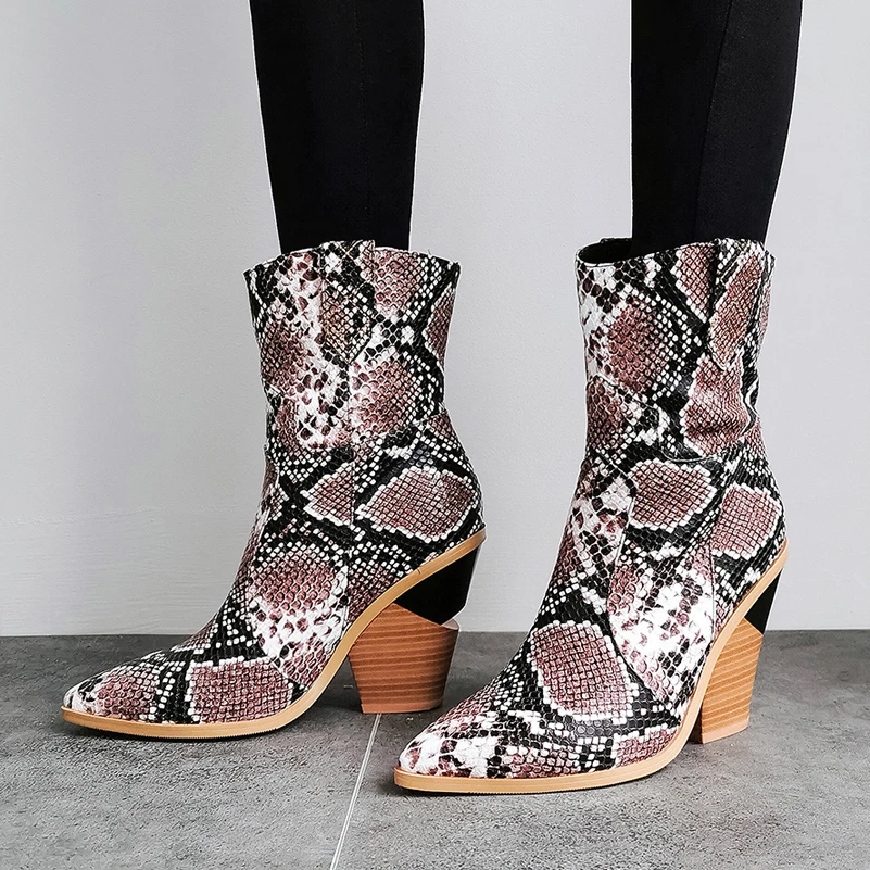 Meotina/Брендовые женские ботинки зимние ботинки до середины икры ковбойские ботинки на высоком каблуке в необычном стиле обувь с острым носком Женская Осенняя обувь, Размеры 33-46