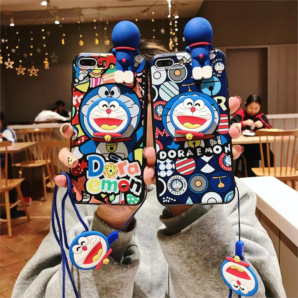 

For iPhone 11 Pro Xs Max Xs XR 6 7 8Plus Case Doraemon TPU Case Ring Stand Soft Phone Strap Rope Case