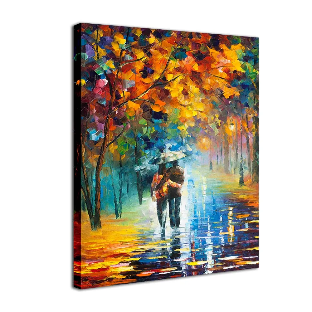 

Framed Knife Painting Canvas Print Landscape Wall Art Picture Lovers Walking in the Rain Stree Scenery Poster for Living Room