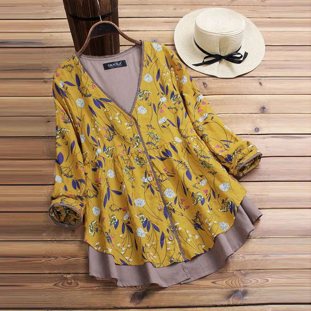 Модная женская блузка, Женская многослойная винтажная блузка с цветочным принтом, комбинированная блузка, легкие топы, блузка, блузки Lange Mouwen