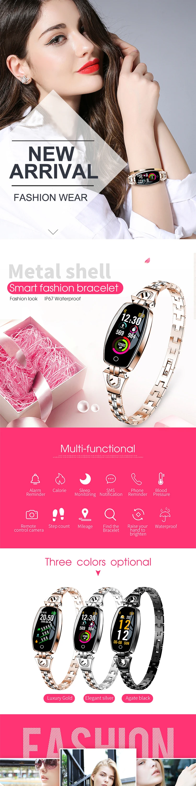 2019 New Women's Smart Fashion Bracelet H8 wristband with heart rate blood pressure IP67 waterproof Lady Jewelry Smartwatch