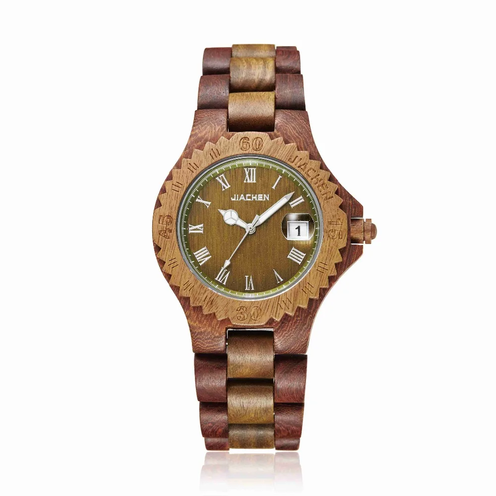 

Men Dress Wood Watch Unique Gear Case Wooden Band Wrist Watches Calendar Display Bangle Gift Relogio