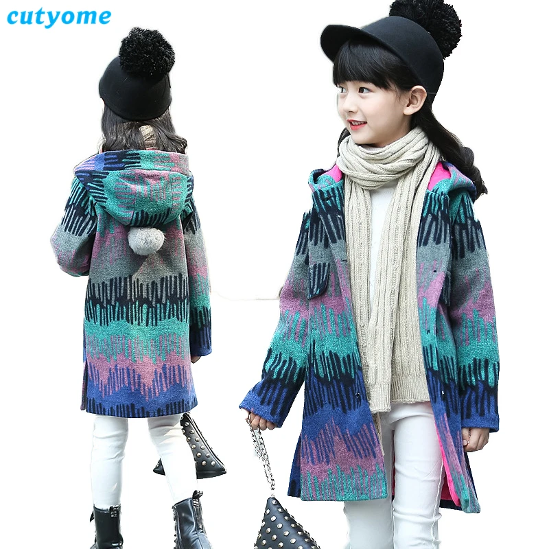 Cutyome Long Girls Wool Coat 2018 Winter Warm Hoodied Trench Jackets