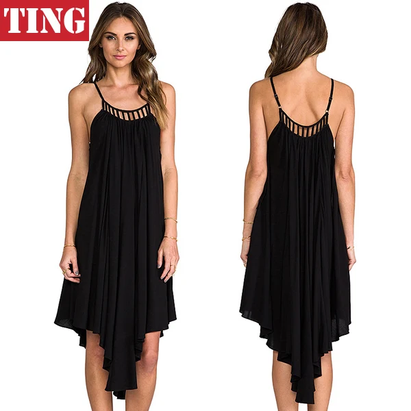 2015 New Black Sexy Chiffon Backless Straps Women Knee length Dress Summer Plus size Brand Irregular Asymmetric Dresses C379 | Женская